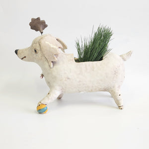 White Poodle Fat Dog Planter with Ball